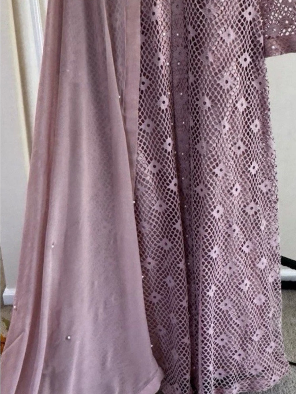 Women's net long Lace Overlay Dress in Dusty Rose